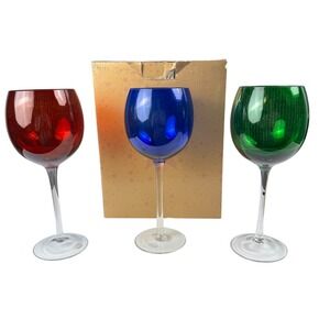 VTG Macy's Multi-Colored Balloon Goblet Set of 3 Red Blue Green Wine Glasse G72Q